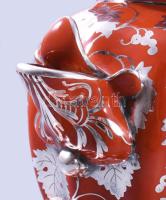 Díszes kétrészes majolika borkiöntő ezüstlemez rátéttel, jó állapotban, m: 31 cm, d: 29 cm