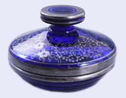 Királykék ezüstözött mintás cukortartó, d: 12,5 cm