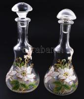 Szecessziós zománcfestett pálinkás üveg pár, m: 25 cm