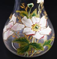 Szecessziós zománcfestett pálinkás üveg pár, m: 25 cm