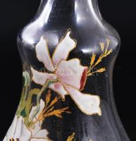 Szecessziós zománcfestett pálinkás üveg pár, m: 25 cm