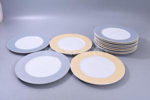 Bavaria modern 12 személyes tányér készlet, szürke és sárga peremekkel, jelzett, d: 21 cm