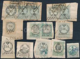14 Régi okmánybélyeg nagyrészt kivágásokon + legalább 40-50 tagdíjbélyeg borítékban