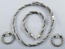 Sodort ezüst (Ag) ékszer szett: nyaklánc, karkötő, fülbevaló pár. Jelzett, nettó 45g