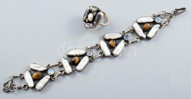 Ezüst (Ag) karkötő és gyűrű, gyöngy-, kagyló- és kőberakásokkal, jelzés nélkül, karkötő javított, bruttó 51,3g