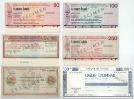 Hollandia DN 50G-250G "Amro Bank" "SPECIMEN (minta)" utazási csekk (3xklf) + 100G "Amsterdam-Rotterdam Bank" "SPECIMEN (minta)" utazási csekk + 50G "Koninklijke Nederlandsche Toeristenbond ANWB (Holland Királyi Turisztikai Egyesület ANWB)" "SPECIMEN (minta)" utazási csekk + Franciaország DN 100Fr "Crédit Lyonnais" "SPECIMEN (minta)" utazási csekk T:AU Netherlands ND 50G-250G "Amro Bank" "SPECIMEN" travellers cheque (3xklf) + 100G "Amsterdam-Rotterdam Bank" "SPECIMEN" travellers cheque + 50G "Koninklijke Nederlandsche Toeristenbond ANWB (Royal Dutch Tourist Association ANWB)" "SPECIMEN" travellers cheque + France ND 100 Francs "Crédit Lyonnais" "SPECIMEN" travellers cheque C:AU