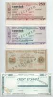 Hollandia DN 100G-250G "Amro Bank" "SPECIMEN (minta)" utazási csekk (2xklf) + 100G "Amsterdam-Rotterdam Bank" "SPECIMEN (minta)" utazási csekk + Franciaország DN 250Fr "Crédit Lyonnais" "SPECIMEN (minta)" utazási csekk T:AU,XF egyiken ragasztónyomok Netherlands ND 100G-250G "Amro Bank" "SPECIMEN" travellers cheque (3xklf) + 100G "Amsterdam-Rotterdam Bank" "SPECIMEN" travellers cheque + France ND 250 Francs "Crédit Lyonnais" "SPECIMEN" travellers cheque C:AU,XF one with glue marks