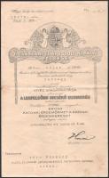 1916 Bp., "Bronz Katonai Érdemérem a katonai érdemkereszt szalagján" kitüntetés adományozó oklevele Tóth Ferenc, a m. kir. 18. honvéd gyalogezred tartalékos hadnagya részére, báró Hazai Samu honvédelmi miniszter nyomtatott aláírásával, szárazbélyegzővel, kissé foltos, 34x21 cm
