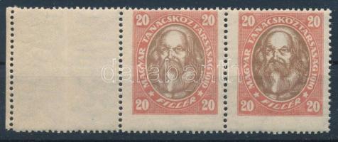 1919 Magyar Tanácsköztársasági arcképek 20f ívszéli pár üres mezővel, álló vízjellel (56.000)