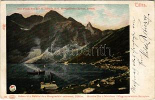 1908 Tátra, Magas-Tátra, Vysoké Tatry; Halas-tó a Baráttal és a Menguszfalvi csúccsal. Feitzinger Ede Auto-Chrom 294. / Der Fisch See mit d. Mönch u. d. Mengsdorfer Spitze / Morské Oko, Mnich / lake, boat, mountain peaks (EK)