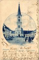 Pancsova, Pancevo; Röm.-kath. Kirche / Római katolikus templom, üzletek. C. Wittigschlager kiadása / Roman Catholic church, shops (fl)