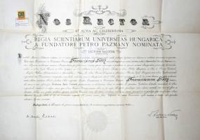 1923 Bp., a Kir. M. Pázmány Péter Tudományegyetem által kiállított jogi doktori diploma ifj. Szinnye...