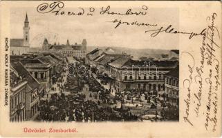 1903 Zombor, Sombor; látkép, üzletek, piac. Schön Adolf kiadása / general view, shops (EK)