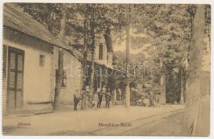 1917 Menyháza, Monyásza, Moneasa; vasútállomás. Illés Albert kiadása / railway station (képeslapfüzetből / from a postcard booklet)