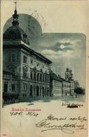 1900 Kolozsvár, Cluj; Erdélyi református egyházkerület theologiai (teológiai) fakultása este holdfényben, Papp László üzlete / Calvinist faculty of theology at night in moonlight, shops. Art Nouveau (EK)