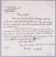 Füst Milán (1888-1967) tintával írt autográf levele Dr. Lengyel Bélának, "Kedves, jó Doktor&quo...