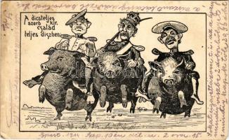 1914 A dicsteljes szerb királyi család teljes díszben. Első világháborús szerb ellenes gúnyos propaganda lap / WWI K.u.K. military, Anti-Serbian mocking art postcard with Peter I of Serbia on pigs (EM)
