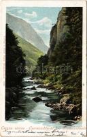 1901 Herkulesfürdő, Baile Herculane; Cserna szoros, Jäger Emil kiadása / gorge + "ORSOVA - BUDAPEST 75." sz. vasúti mozgóposta bélyegző (EM)