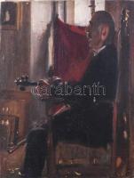 Jelzés nélkül, magyar festő, XX. sz. eleje: Férfi hegedűvel (műteremben, festményekkel). Olaj, vászon. Sérült. Proveniencia: Saphier-gyűjtemény. 31x29 cm