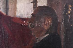 Jelzés nélkül, magyar festő, XX. sz. eleje: Férfi hegedűvel (műteremben, festményekkel). Olaj, vászo...