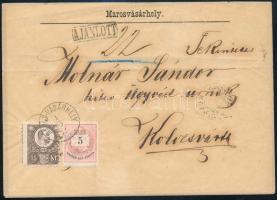 1875.szept.01. 2. súlyfokozatú ajánlott levél Réznyomat 15kr + Színesszámú 5kr vegyes bérmentesítéssel "MAROS-VÁSÁRHELY" - "KOLOZSVÁR" RRR!