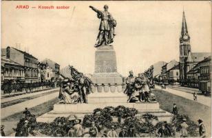 Arad, Kossuth szobor koszorúkkal, lóvasút. Kerpel Izsó kiadása / monument with wreaths, horse-drawn tram (EB)