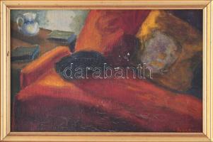 Olvashatatlan (Berény?) jelzéssel: Enteriőr. Olaj, karton. Sérült. Dekoratív, sérült fakeretben. 21,5x33 cm