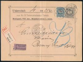 1899.nov.30. Távolsági ajánlott nyugtatvány (11kr tarifahelyes) utánvéttel! "BUDAPEST" - "SZENT-GYÖRGY / POZSONY VM. A" nagyon ritka kiállítási darab RRRR! nem zavaró hajtás középen (lightly folded)