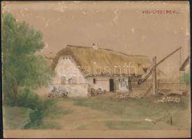 Laub László (-): Zsúptetős ház gémeskúttal, 1898. Akvarell, papír, kartonra kasírozva. Felületi kopásokkal. 15,5x22,5 cm