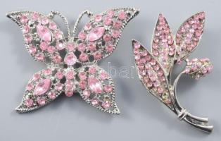Rózsaszín köves pillangó és virág alakú bross, h: 6 cm alatt