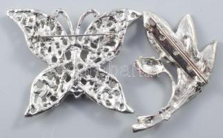 Rózsaszín köves pillangó és virág alakú bross, h: 6 cm alatt