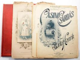 Vegyes kotta tétel, 3 db  cca 1900-1910 Balogh Bandi: Rózsa-Keringő. "A Kecskeméti Tek. úri band tiszteletére ajánlja a szerző Balogh Bandi" felirattal a borítón." Kézzel írt kotta, aranyozott egészvászon-kötésben, kopott, foltos borítóval, a lapok kijárnak, 6 sztl. lev. + Henry Barta: Polichinelle. Tremblent. (Rezgö Polka.) Kecskemét, én., Libarie Gallia-ny., sérült, viseltes, 3 sztl. lev.; Barta, Henrik: Casino Csárdás. Bp., én., Táborszky Nándor, sérült, viseltes. 5+1 p.