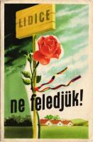 1955 Lidice - Ne feledjük! Ötven nemzet küldte el rózsatőit élő tiltakozása jeléül a fasiszta pusztítás helyén újjáépült Lidicébe. Kiadja a Hazafias Népfront Budapesti Bizottsága, Horváth Vince / Hungarian anti-fascist propaganda, memorial card to commemorate the victims of the Lidice massacre. During World War II, in Nazi-occupied Czechoslovakia, the Lidice massacre was the complete destruction of the village of Lidice, in June 1942 on orders from Adolf Hitler and Reichsführer-SS Heinrich Himmler (EB)