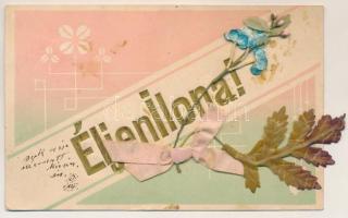 1905 Éljen Ilona! Egyedi, kézzel készült, dombornyomott képeslap művirág rátéttel / unique embossed greeting art postcard with plastic flower appliques (EB)