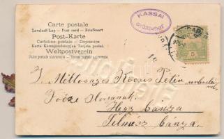 1905 Éljen Ilona! Egyedi, kézzel készült, dombornyomott képeslap művirág rátéttel / unique embossed ...