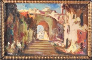 Péczely Antal (1891-1944): Napos utca. Olaj, karton, jelezve balra lent. Dekoratív, kissé kopott fak...
