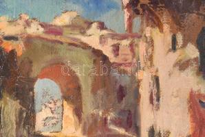 Péczely Antal (1891-1944): Napos utca. Olaj, karton, jelezve balra lent. Dekoratív, kissé kopott fak...