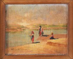 Perlmutter Imre (1870 k.-1935): Vízparton. Olaj, fa, jelzett. Hátoldalán korabeli raglappal. Dekoratív fakeretben, 11,5x14,5 cm.