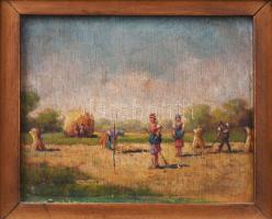 Perlmutter Imre (1870 k.-1935): Aratás. Olaj, fa, jelzett. Hátoldalán korabeli raglappal. Kisebb felületi sérüléssel (repedés a hordozón). Dekoratív fakeretben, 11x14 cm.