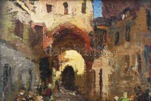 Péczely Antal (1891-1944): Utca alakokkal. Olaj, karton, jelezve balra lent. Dekoratív, kissé kopott...