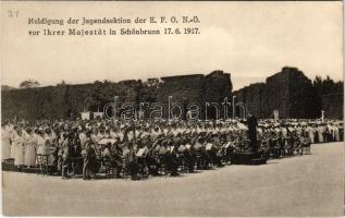 Huldigung der Jugendsektion der K. F. O. N.-Ö. vor Ihrer Majestät in Schönbrunn, Wien 17/6. 1917. / Homage paid by the youth section of the K.F.O.N.-Ö. to Her Majesty (Queen Zita) in Schönbrunn, Vienna on June 17, 1917.