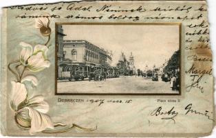 1907 Debrecen, Piac utca, városi vasút, vonat. Mihály Sámuel kiadása. Art Nouveau, Emb. floral litho (b)