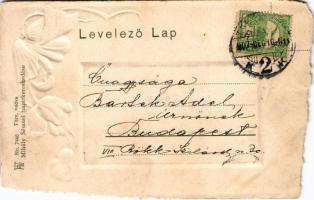 1907 Debrecen, Piac utca, városi vasút, vonat. Mihály Sámuel kiadása. Art Nouveau, Emb. floral litho...