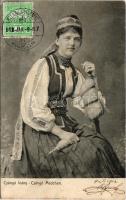 1912 Csángó leány / Csángó (Ceangai) folklore, Csángós are ethnic Hungarians living mostly in the Romanian region of Moldavia, especially in Bacău County (fl)