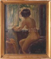 Olvashatatlan jelzéssel: Női akt az ablaknál. Olaj, karton. Kissé vetemedett. Dekoratív, sérült fakeretben. 42x36 cm