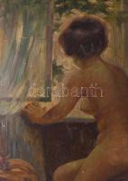 Olvashatatlan jelzéssel: Női akt az ablaknál. Olaj, karton. Kissé vetemedett. Dekoratív, sérült fake...