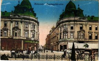 1917 Kolozsvár, Cluj; Szentegyház utca, Státus paloták, Triesti Általános Biztosító, The Gresham Életbiztosító társaság, Haraszthy Jenő és Frank Kiss János és fiai üzlete / street view with insurance companies and shops (EB)