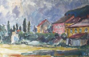 Halász Szabó Sándor (1920-1997): Színes város. Gouache, papír, jelezve balra lent, üvegezett fakeretben, 29x45 cm