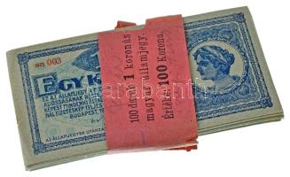 1920. 1K (100x) sorszámkövetők, eredeti erősen sérült kötegelővel "aa 003 418701 - aa 003 418800" T:AU néhány darabon sarokhajlás (egér nyoma miatt az utolsó 3db VG hajtatlan, anyaghiány) Hungary 1920. 1 Korona (100x) consecutive serials with original, hardly damaged wrap "aa 003 418701 - aa 003 418800" C:AU some pieces with folded corners (the last 3pcs VG unfolded, missing material due to mouse marks) Adamo K4