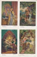 Brüder Grimm: Schneewittchen / 6 db RÉGI német művészlap: Hófehérke (egy sorozat) / 6 pre-1945 German art postcards: Brothers Grimm: Snow White and the Seven Dwarfs series s: Otto Kubel
